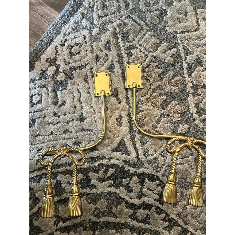 Vintage Antique Pair of Brass Bow & Tassel Curtain Tiebacks